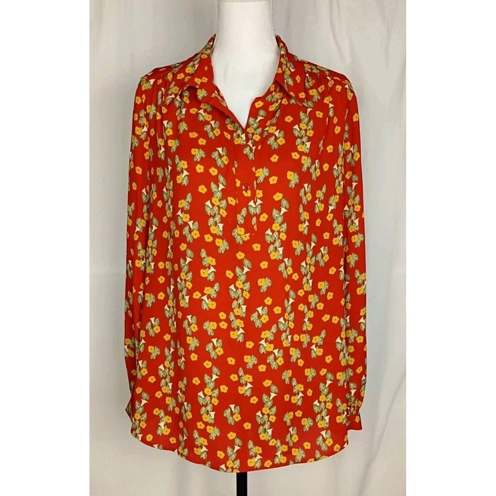 Cabi Belfry Blouse Red Floral Women's Long Sleeves Size M V-neck #3947
